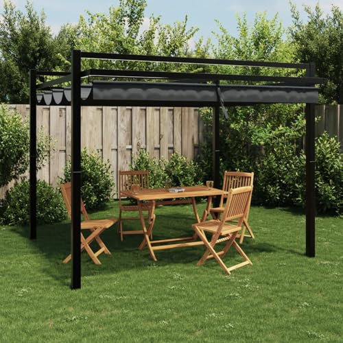 Amorsee Pérgola de Jardín con Techo y Toldo Corredizo Ajustable, Pérgola de Aluminio 3x3 m, Cenador de Jardín con Techo Retráctil, Poliéster Resistente al Agua y a UV Gris Antracita