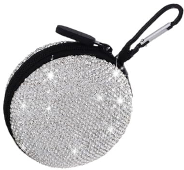BELLIFFY Rhinestone Earphone Storage Bag Round Data Cable Organizer Portable Travel Usb Cable Case Silver White for Earbuds