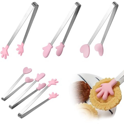 MEGAVOW Sugar Ice Tongs 6 Pack, Mini Food Clip with Skid-Proof Hand Shape Silicone Stainless Steel Tong, Serving Food Tongs for Wedding Party Coffee Bar Ice Bucket Family Restaurant