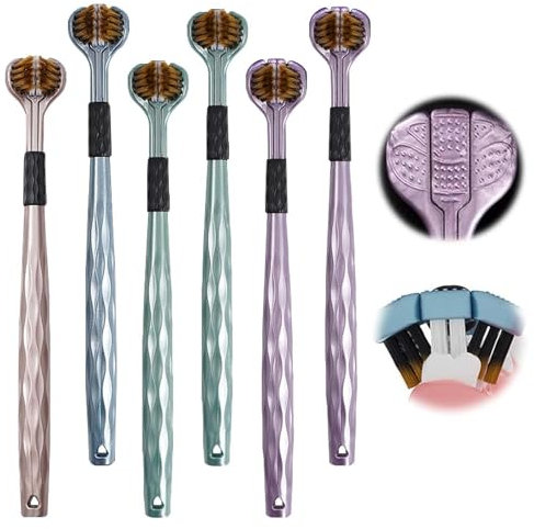 VIDSTW 6 Pezzi Tre Lati Spazzolino Denti Spazzolini Denti Spazzolino Morbido con Maniglia Comoda Spazzolino Manuale con Raschietto per la Lingua Spazzolino da Denti Spazzolino Adulto (Colori Casuali)