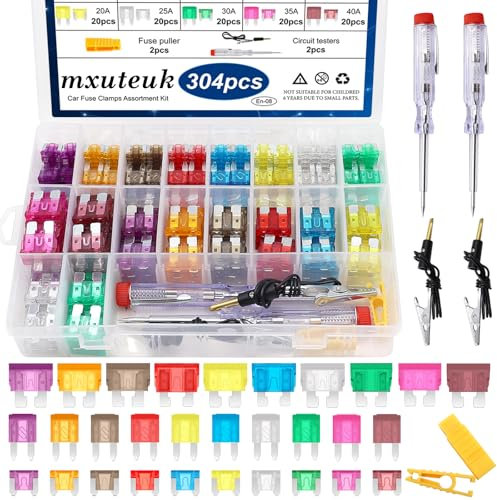 mxuteuk 304Pcs Car Fuses Assortment Kit with Fuse Puller and Circuit Tester - Standard & Mini & Low Profile Mini Fuse Kit (3A 5A 7.5A 10A 15A 20A 25A 30A 35A 40A)