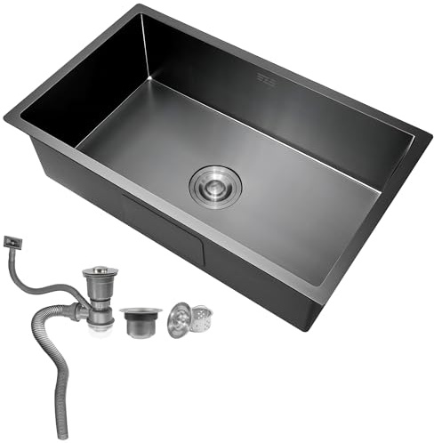 Fregadero de cocina de acero inoxidable 304, 50 x 45 cm, 1 lavabo, fregadero individual, con accesorios para lavar platos (negro)
