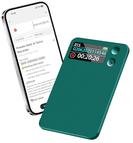 Powate KI Digitales Diktiergerät - App-Steuerung, Transkription & Zusammenfassung mit AI-Technologie, 64GB Speicher, Audio-Recorder für Vorträge, Meetings, Anrufe,Grün