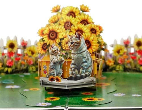 CUTPOPUP Katzen mit Sonnenblumen Truck - Karte Muttertag, Geburtstagskarte, Geburtstagskarte Frau, Muttertag Karte, Geburtstagskarten (Cats w Sunflowers Truck) US8-SD229DE