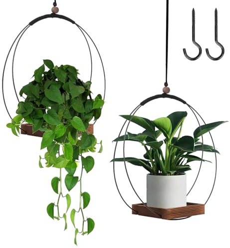 mumisuto 2 Stück Blumenampel Hängend Innen,Metall Hängetopf für Pflanzen mit Holzsockel,Hängende Blumentopf Hängeampel,Hängende Pflanzer für Zimmerpflanzen Sukkulenten Luftpflanzen Kaktus (Braun)