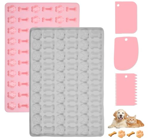 2 Stück Silikon Backmatte Hundekekse Hundeknochen Backform, Antihaftend Hundeknochen Form+Fußabdruck Form für DIY Hundeleckerlies, Schokolade, Kekse, Eiswürfel, Süßigkeiten (Rosa+Grau)