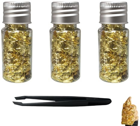 3 PCS 30ml Blattgold Flocken, Mehrzweck-Dekorfolie in Gold, Multifunktionale Dekorative Goldfolie, Gold für Kunsthandwerk und Tischdekoration Feierlichkeiten (Mit Pinzette)