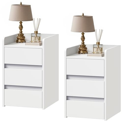DWVO 2-Piece Bedside Table Set with 3 Drawers, Compact Nightstand Side Table for Bedroom, Living Room Storag, White, 35x40x59cm