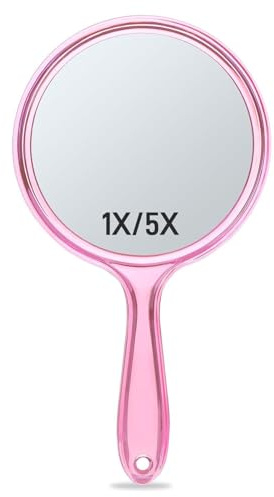 OMIRO Handspiegel, Doppelseitiger Handspiegel 1X/5X Vergrößerungsspiegel mit Griff (Transparent Rosa)