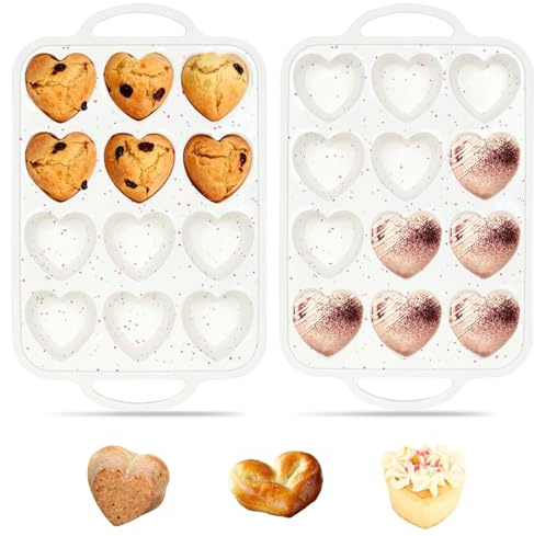 LZEXIN Silicone Mini Muffin Tray, 2 Pack 24 Cups Cupcakes Moulds with Metal Frame for Baking, Non-Stick Heart-Shaped Small Bakeware Loaf Pan, Reusable, BPA-Free