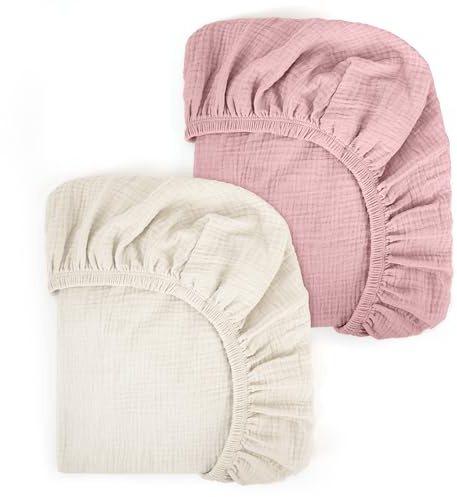 Peepeemax Musselin-Baumwolle Spannbettlaken 80x40cm, Kinderwagen Spannbettlaken Stubenwagen Matratzenbezug für Moseskorb, Babybett und Beistellbett für Jungen und Mädchen, 2er Pack, Rosa