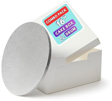 Pack N Trade White 16-Inch Cake Box with 13mm Round Silver Drum – Durable 16×16×6″ Cake Box & Drum Combo – Ideal for Birthday & Wedding Cakes, Cake Decorators & Home Bakers