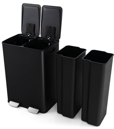 FANTASK Poubelle double en acier inoxydable - 2 x 30 l - Anti-odeurs - Avec couvercle à fermeture douce - En acier inoxydable et plastique - Noir