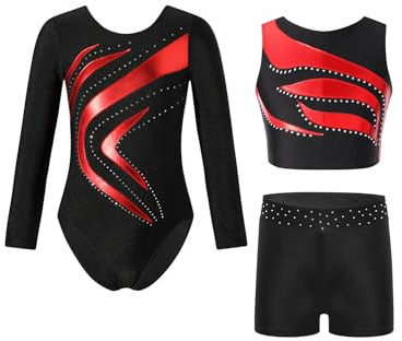 Alvivi 3 Stück Mädchen Turnanzug Langarm Gymnastikanzug Streifen Turnbody + Sport BH Tops + Shorts Gymnastik Leotard Tanzanzug B Rot 146-152
