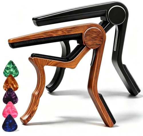Kapodaster für Akustik- und E-Gitarren, Akustikgitarre, Kapodaster für Akustikgitarre, 6 Saiten, 2 Packungen mit 5 Plektren (Holz + Schwarz)