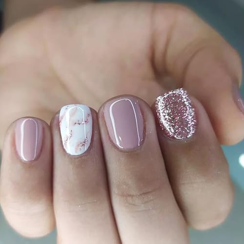 24 stycken Press on naglar kort – fyrkantig lila vit rosa fransk fyrkantiga konstgjorda naglar, naturliga naglar för att klistra på kort rektangulära, konstgjorda naglar med nagellim, full täckning
