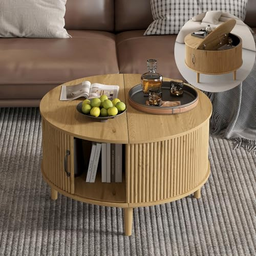 BYCCZMGAD Round Coffee Table with Storage,Modern Folding Table,Fluted Center Table with Sliding Cabinet Door,31.5 Small Center Table for Living Room and Home Small Space(Round)
