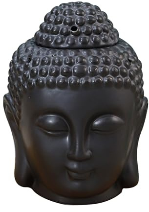Fhlprte Buddha-Kopf Räuchergefäß, Keramik Aromatherapie Ölbrenner, 3.93 * 3.93 * 5.51 in,Hohl-Aromatherapie Ofen,Öl Kerzenbrenner,Buddha Head Duftlampen,für Yoga oder Meditationsraum (Schwarz)