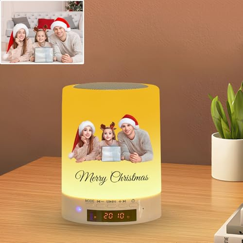 LINMQIU Lámpara de mesilla de noche personalizada con altavoz y sensor táctil,Luz de noche personalizada con y altavoz,Lámpara de mesa táctil con foto,Regalos de cumpleaños, Navidad (Redondo)