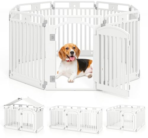 COSTWAY Welpenauslauf faltbar, Welpenlaufstall mit 8 Paneelen, abschließbarer Tür & Bodennägeln, 80 cm hoch, Hundelaufstall Outdoor Indoor, Laufstall Hund, Hundeauslauf aus Kunststoff, Weiß