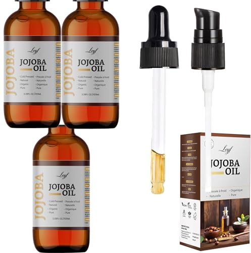Leyf 3 stück Bio Jojobaöl 100 ml, 100% Rein, Vegan, Körper, Haare, Gesicht, Nägel, Glasflasche + Glaspipette + Pumpe, Feuchtigkeitspflege, Futterspender, Körperöl Straffend