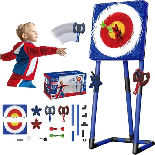 UIHECTA Jeu De Lancer De Haches D'ExtéRieur, Kit De Lancer 3 en 1, Comprend 2 Haches, 2 Cibles Et 2 FléChettes à Six éToiles, Jeu De FléChettes sur Gazon pour Toute La Famille,Bleu,Square