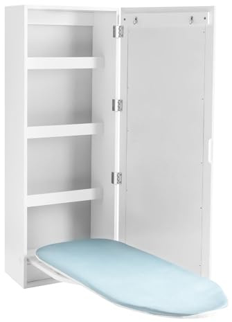 Armario de Planchar con Espejo y Tabla Plegable Giratoria de Pared 180° | Ahorra espacio, organiza la plancha y accesorios, apto para diestros y zurdos, funda extraíble, 4 estantes y 2 ganchos