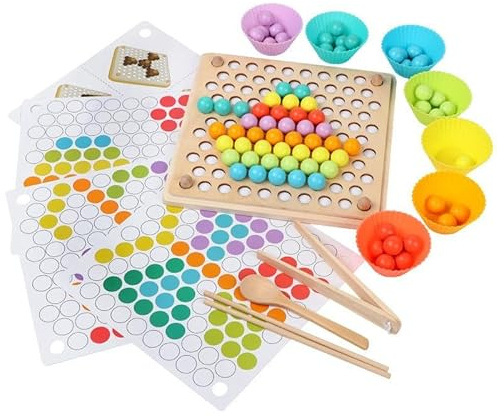 Neuytiky Holz Montessori Spielzeug,Clip Perlen Puzzle Brettspiele,Rainbow Bead Game,Mathe Lernspielzeug,Holz Pädagogisches Steckspiel,Kinder Vorschule Farben Sortier Stapelspielzeug für 3 4 5 6 Jahre