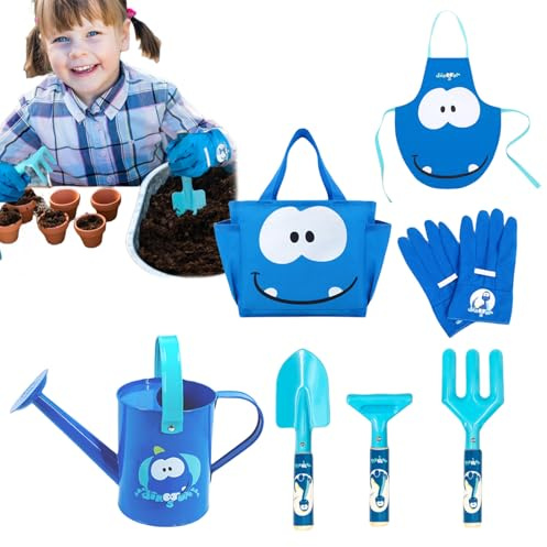 Kit di Giardinaggio per Bambini,Rastrello Annaffiatoio per Piantumazione - Set Di 7 Attrezzi Da Giardino Per Bambini - Per Prato Giardino Balcone Fattoria Asilo Di Età 3-8 Anni