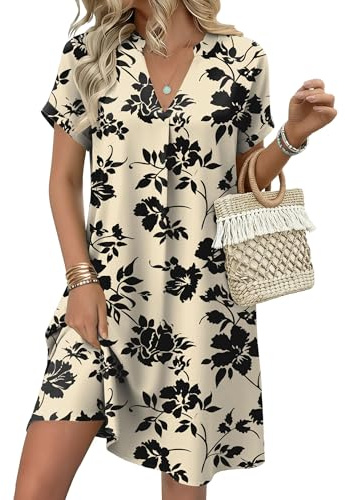 Zeagoo Damklänning, sommar, v-ringad, kortärmad, skjortklänningar, miniklänning, elegant, blommor, blusklänning, lös, lätt, strandklänning med fickor, S–XXL, L