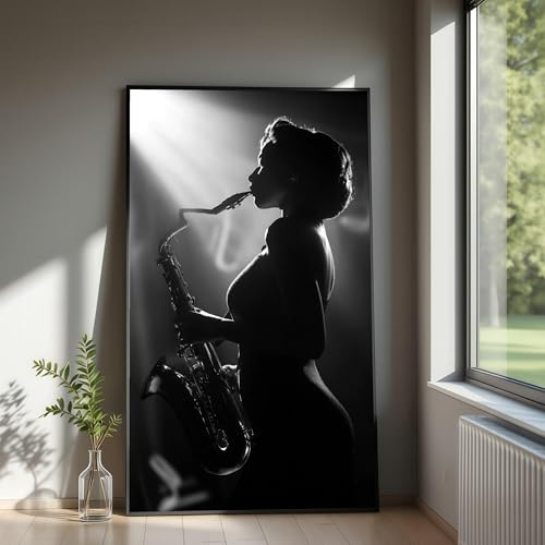 XINBAO Silhouette di una suonatrice di sassofono, dipinto di musica jazz, arte murale in bianco e nero, tela con strumento musicale, decorazione retrò (40x70 cm/cornice interna)