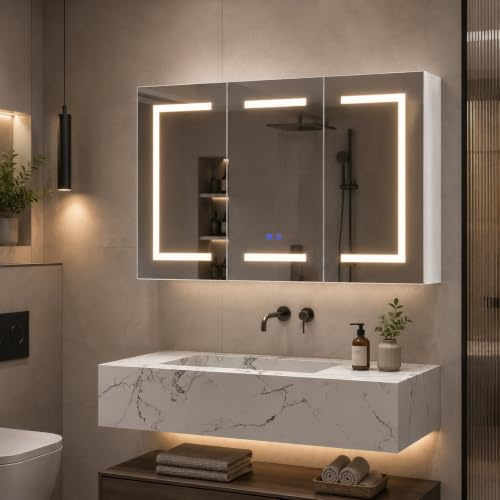 Spiegelschrank Bad 100 cm breit mit LED-Beleuchtung, 3 Türen Badezimmerschrank mit Spiegel und 6 Verstellbarem Regal, Touch-Sensor, Wandschrank Badschrank Hängeschrank für Badezimmer