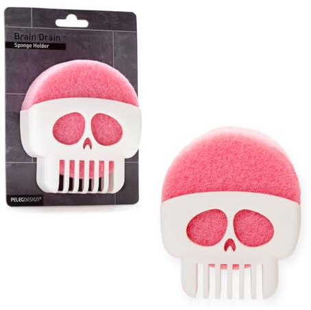 PELEG DESIGN Brain Drain Totenkopf Schwammhalter – Lustiger Spülschwammhalter für Küche & Bad, Inklusive Schwamm, Saugnapf-Befestigung, Hygienisch & Dekorativ, Weißer Totenschädel