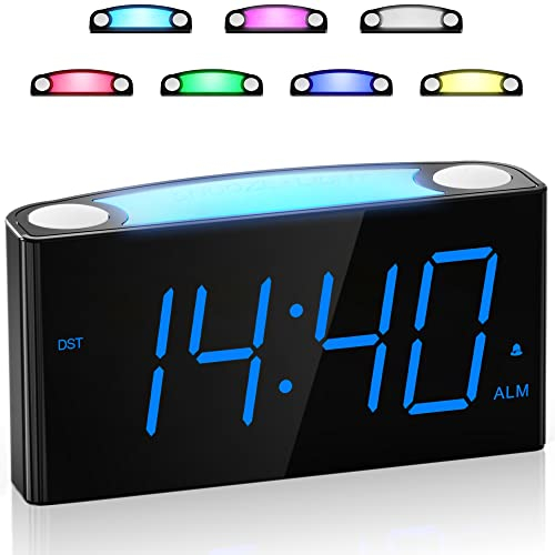 Mesqool Digital Alarm Clock with 7”Large Display, Loud Desk Clock with 7 Colors Night Light, Snooze, 2 USB Charge Ports, Battery Backup, Kids Bedside Alarm Clock Mains Powered