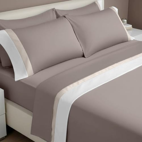 Ipersan Set Completo Lenzuola Matrimoniali, 100% Cotone, 1 Lenzuolo da sopra 260x290cm + 1 Lenzuolo da sotto 180x200cm + 2 Federe 83x52cm, con Doppia Balza in Raso, Made in Europe