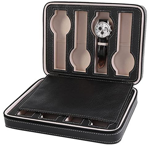 Restokki Uhrenbox, Uhrendisplay Aufbewahrungsbox Uhrenkasten, tragbarer Reise-Kollektor-Koffer-Organizer mit Reißverschluss 1 Stück 8 Gitter (Schwarzer Kaffee)(Schwarz)