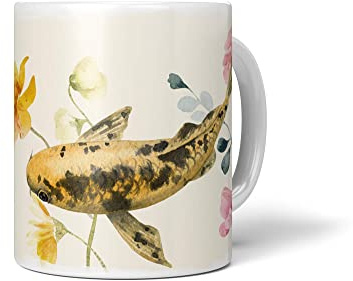 Paul Sinus Dekorative Tasse mit schönem Motiv goldener Koi Blumen Blüten Kunstvoll Wasserfarben