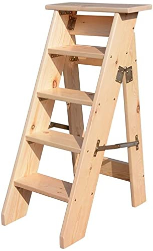 FALIYORS Taburete portátil con Escalera de Madera, multifunción, Plegable, 5 peldaños, Tablero de Madera Gruesa, Biblioteca para el hogar (Color Natural)
