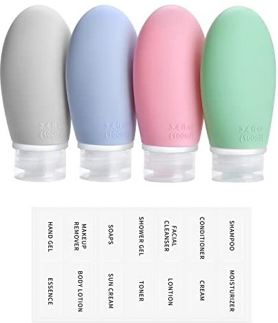 Opret Botes Viaje 4 Piezas 100ml Silicona para Gel a Prueba de Fugas | Botellas de Viaje, Rellenables, para Gel, Champús, Lociones y Artículos de Tocador