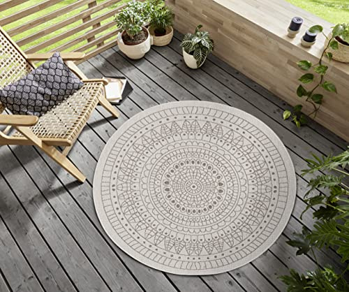 Hanse Home Northrugs Porto In- und Outdoor Teppich Rund – Runder Wendeteppich Wasserfest Mandala Design Flachgewebe Teppich Wetterfest für Balkon, Terrasse, Garten, Wohnzimmer in Linen, ⌀100cm