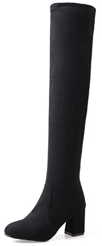 OALEEN Bottes Cuissardes Femme Sexy Talon Haut Hiver Effet Daim Bout Rond Chaussures Noir 39