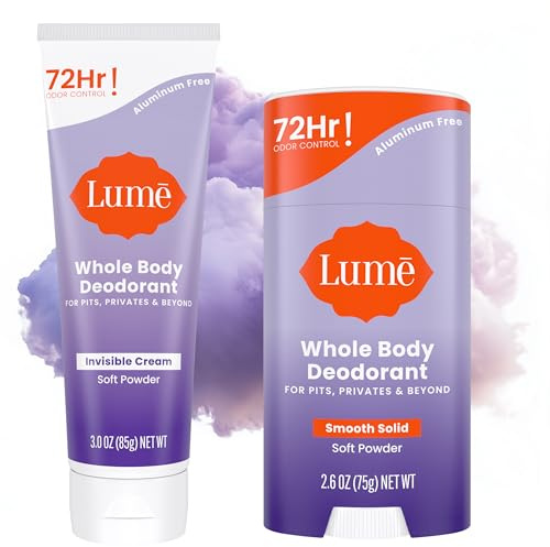 Lume Whole Body Deodorant - Invisible Cream - 72 Hour Odor Control - Aluminum Free, Baking Soda Free, Skin Safe - 3.0 Ounce Tube and 2.6 Ounce Solid Stick Bundle (Soft Powder)