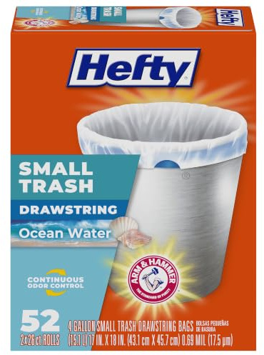 Hefty Bolsas de basura pequeñas de 4 galones, color blanco, aroma de agua | Bolsas de basura pequeñas blancas 4G con cierre de cordón, para baños, dormitorios, oficinas en casa, perfumadas