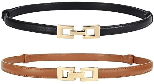 Doneboo 2er Stück Skinny Gürtel schmaler Taillengürtel für Damen Verstellbarer dünner Gürtel Ledergürtel mit Gold metallschnalle für Kleid