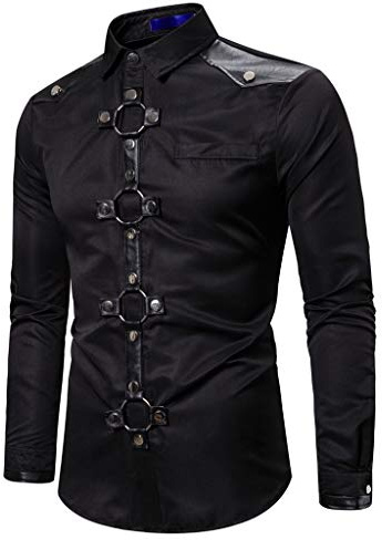 Chemise Steampunk Homme à Revers- T-Shirts Medievale Manche Longue,Top Gothique Homme Couleur Unie Haut Cuir Patchwork Rétro Blouse Boutons pour Renaissance Cosplay Cour Halloween Victorienne Tunique