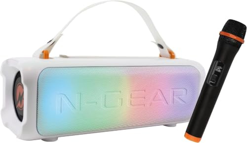 N-Gear Blazooka 703 vit – bärbar, kraftfull Bluetooth-högtalare – trådlös mikrofon och discoljus ingår – 100 Watt musiklåda och 5 timmars speltid