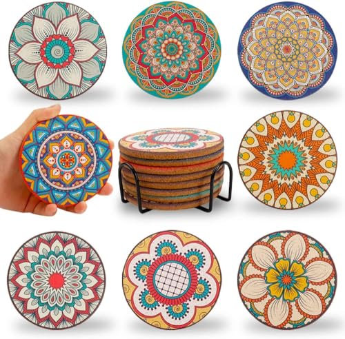 Puluole Coasters Set of 8,Cork Coasters for Drinks,Drinks Coaster with Holder,Cute Coaster Set for Apartment Home Decor,Housewarming Birthday for Women