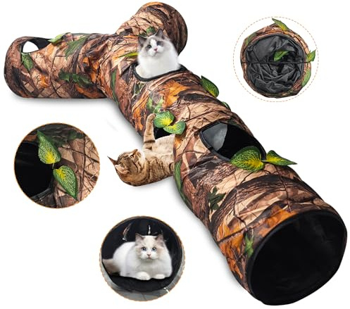 GRETMIX Katzentunnel für Indoor-Katzen Groß, 3-Wege-Katzentunnel mit 5 Löchern und Blättern, Katzentunnelspielzeug mit lautem Papier - Pop Up Zusammenklappbar - Verbinden Sie mehr Tunnel für große