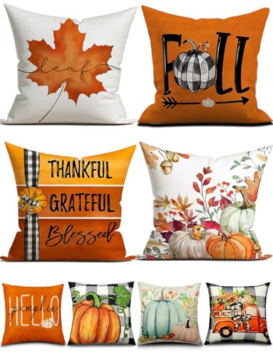 Fall Decorations Pillow Covers Double-Side Printing 16'' x 16'' Set of 4, Pumpkins Thankful Blessed Buffalo Plaid Fallen Leaves Thanksgiving Orange Throw Cushion Cases for Outdoor Indoor Home Decor