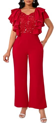 IWFEV Damen Jumpsuit Pailletten Patchwork Overlay Rüschen Ärmellos Volle Länge V-Ausschnitt Strampler mit Taschen, rot, 42